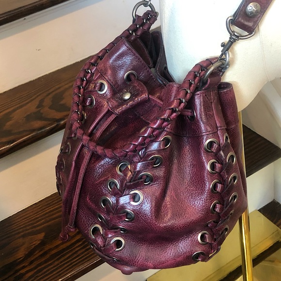 PATRICIA NASH Red Wine Woven Leather Crossbody Shoulder Bucket Bag w/ Grommets - Picture 6 of 17